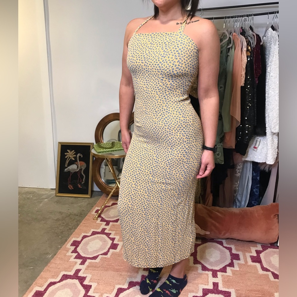 Cynthia Rowley Vintage yellow blue floral button midi slit dress size small